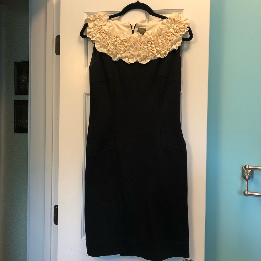 Elegant black dress w/ cream ruffle neck